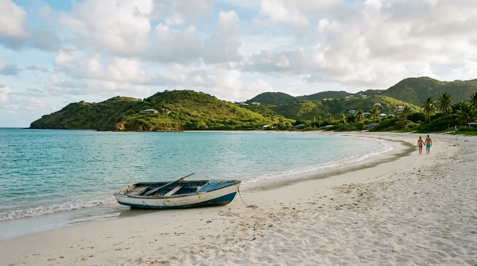 Antiguan cove with white sand and the island’s green hills
