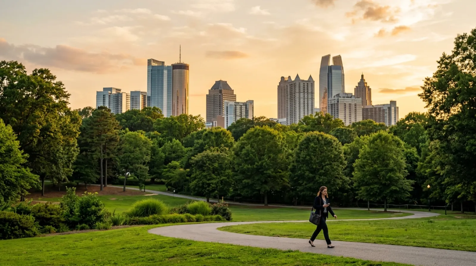 Midtown Atlanta skyline above Piedmont Park trees at golden hour