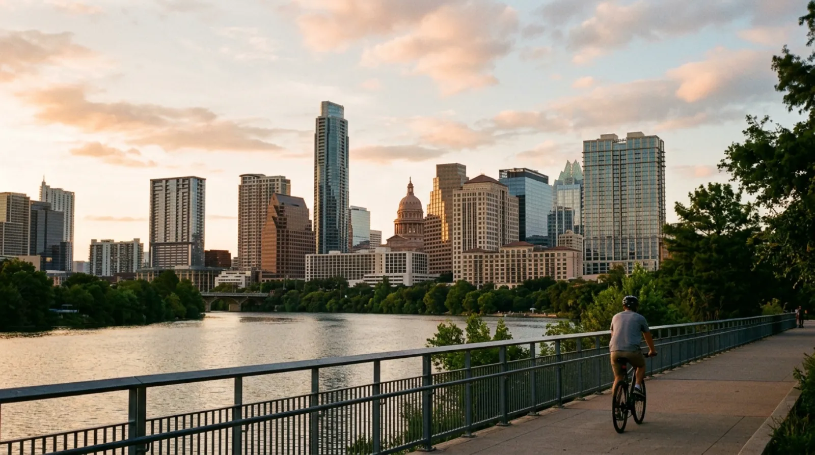 Texas State Capitol and Austin skyline along Lady Bird Lake