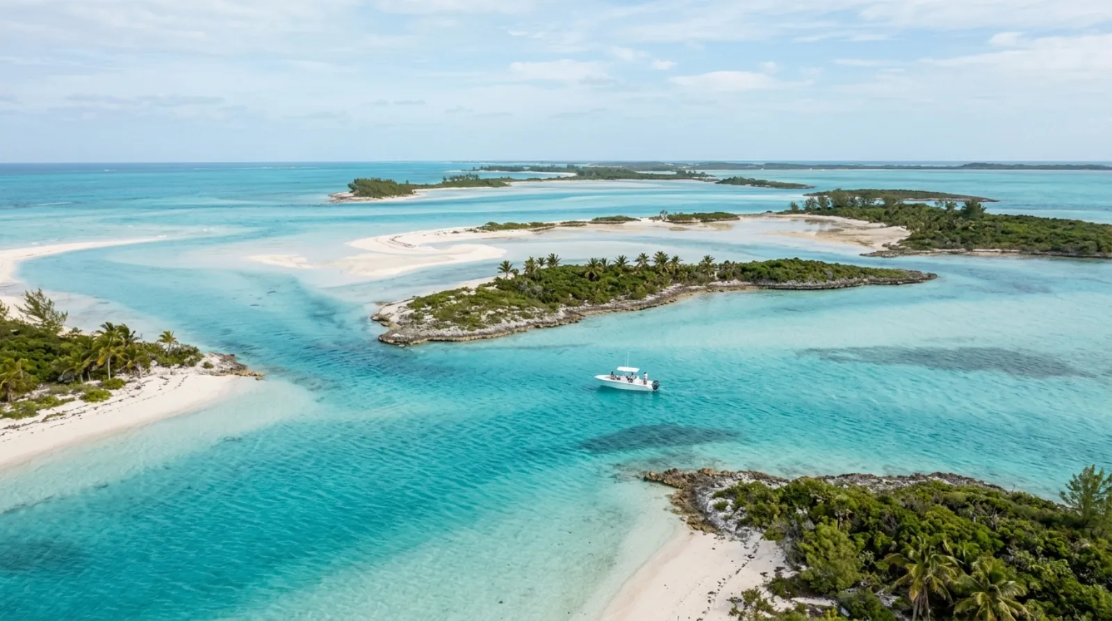 Bahamian sandbars and turquoise banks among low green cays