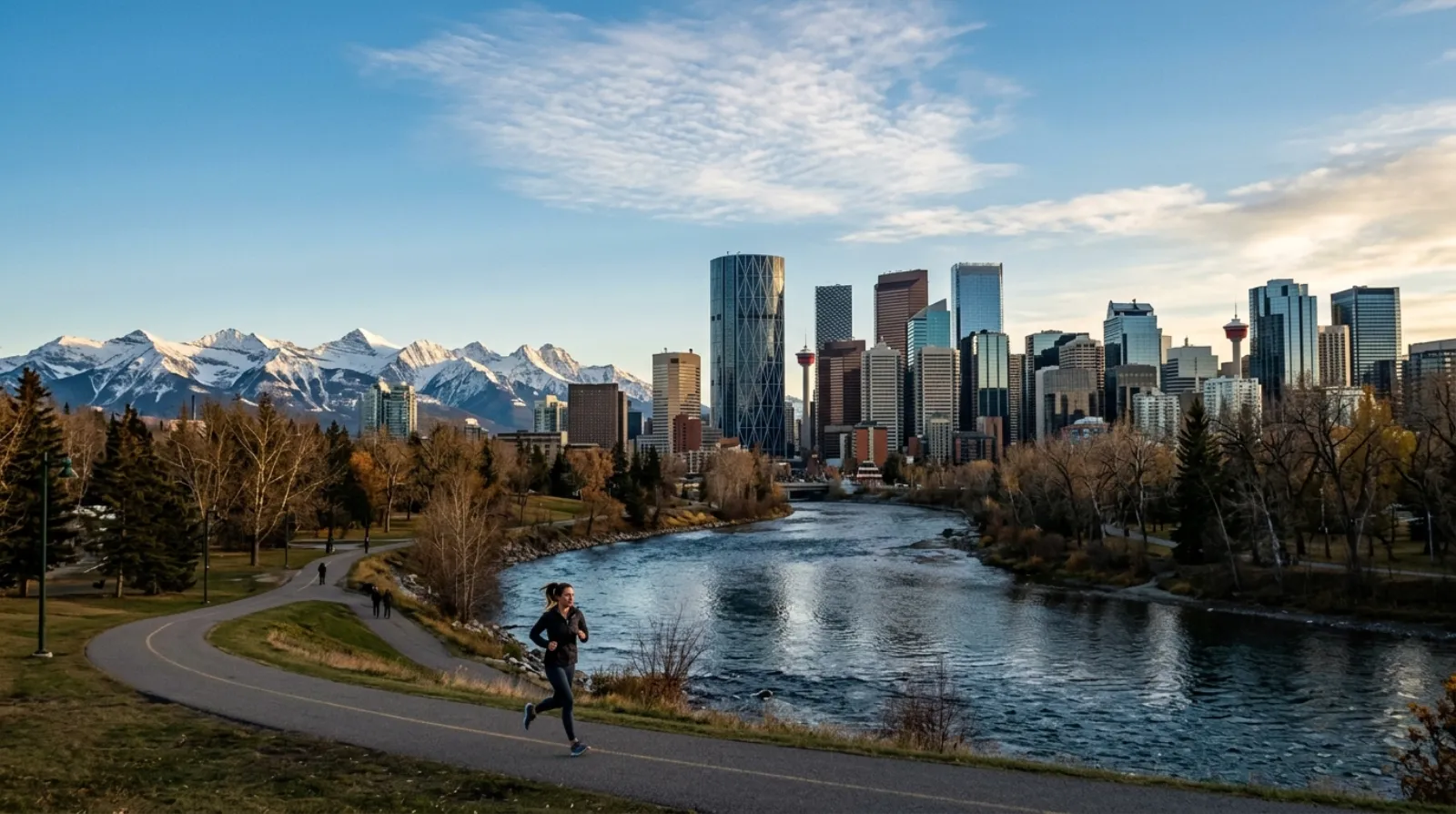 Calgary downtown and the Rocky Mountains from the Bow River