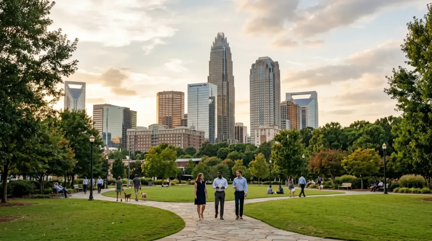 Charlotte uptown skyline from a centre-city park