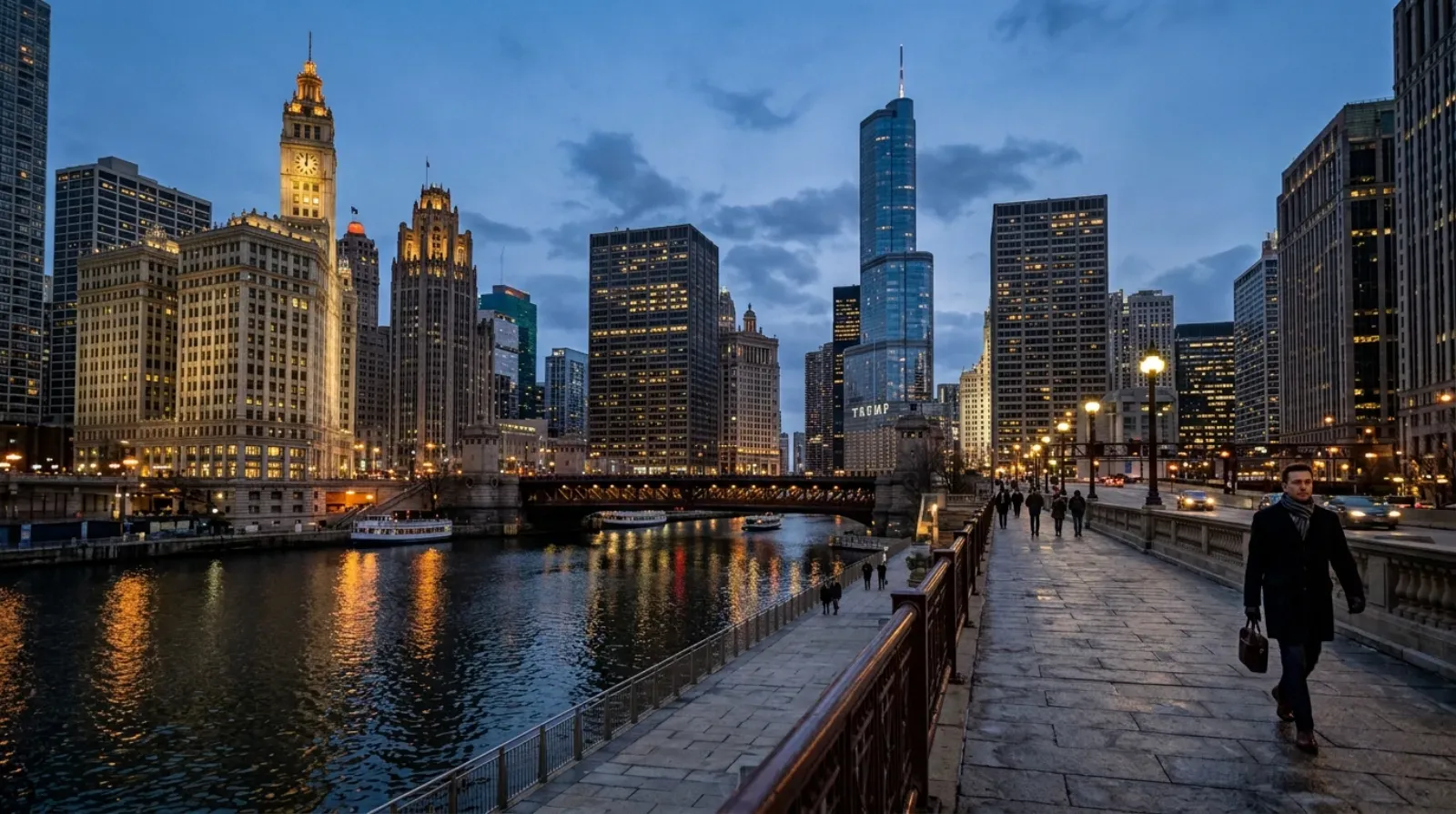 Chicago Riverwalk at dusk with the Wrigley Building and Loop skyline