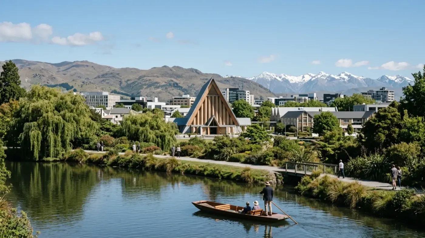 Avon River in Christchurch Botanic Gardens with the Port Hills beyond