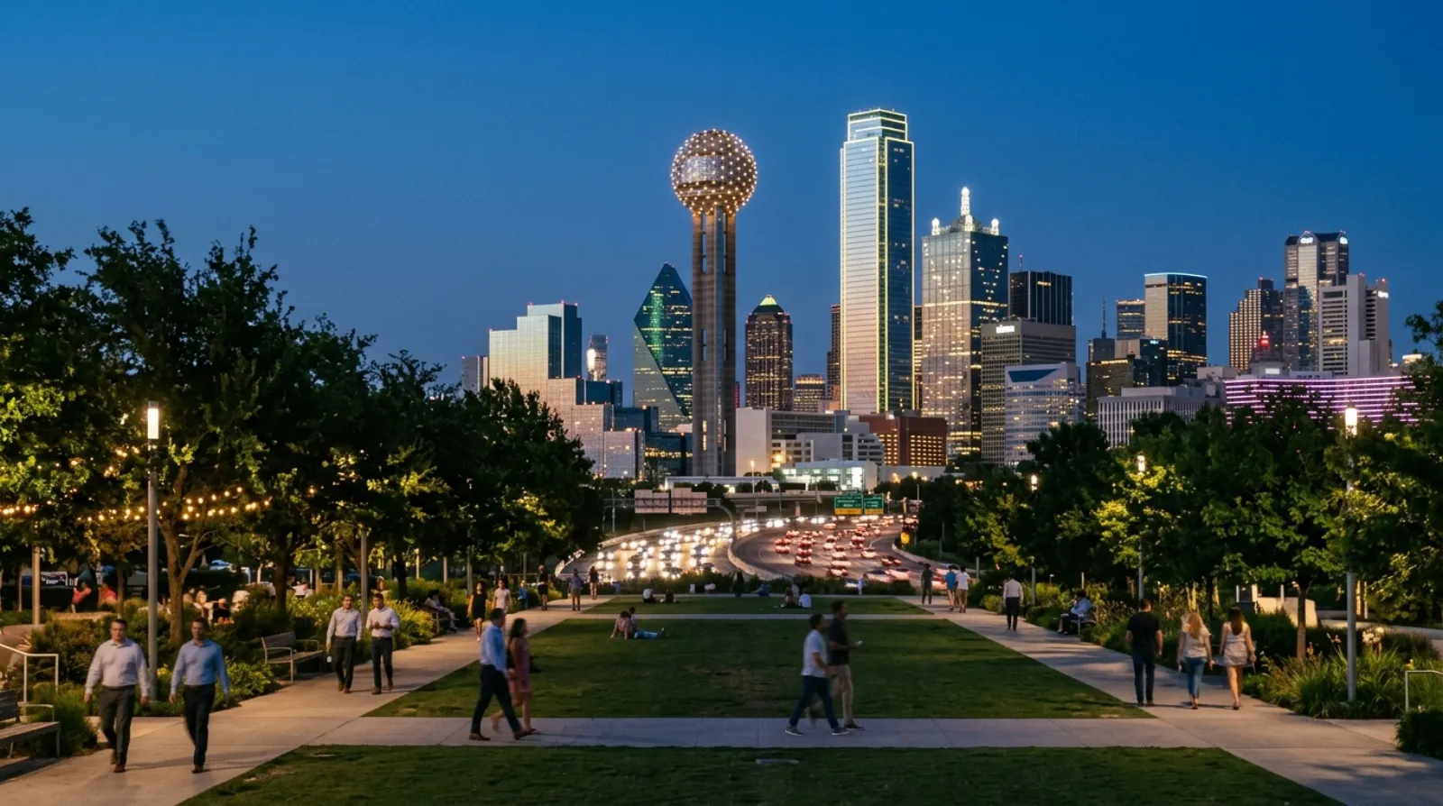 Downtown Dallas and Reunion Tower from Klyde Warren Park at dusk