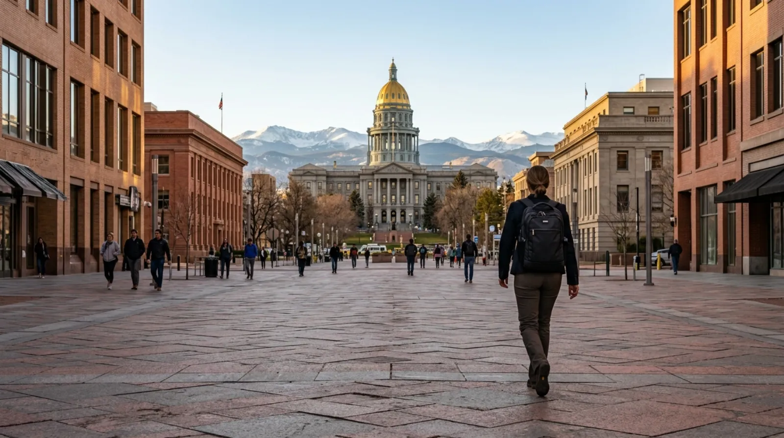Colorado State Capitol gold dome with the Front Range behind Denver