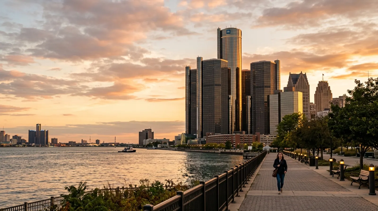 Detroit Renaissance Center and the Detroit River at golden hour
