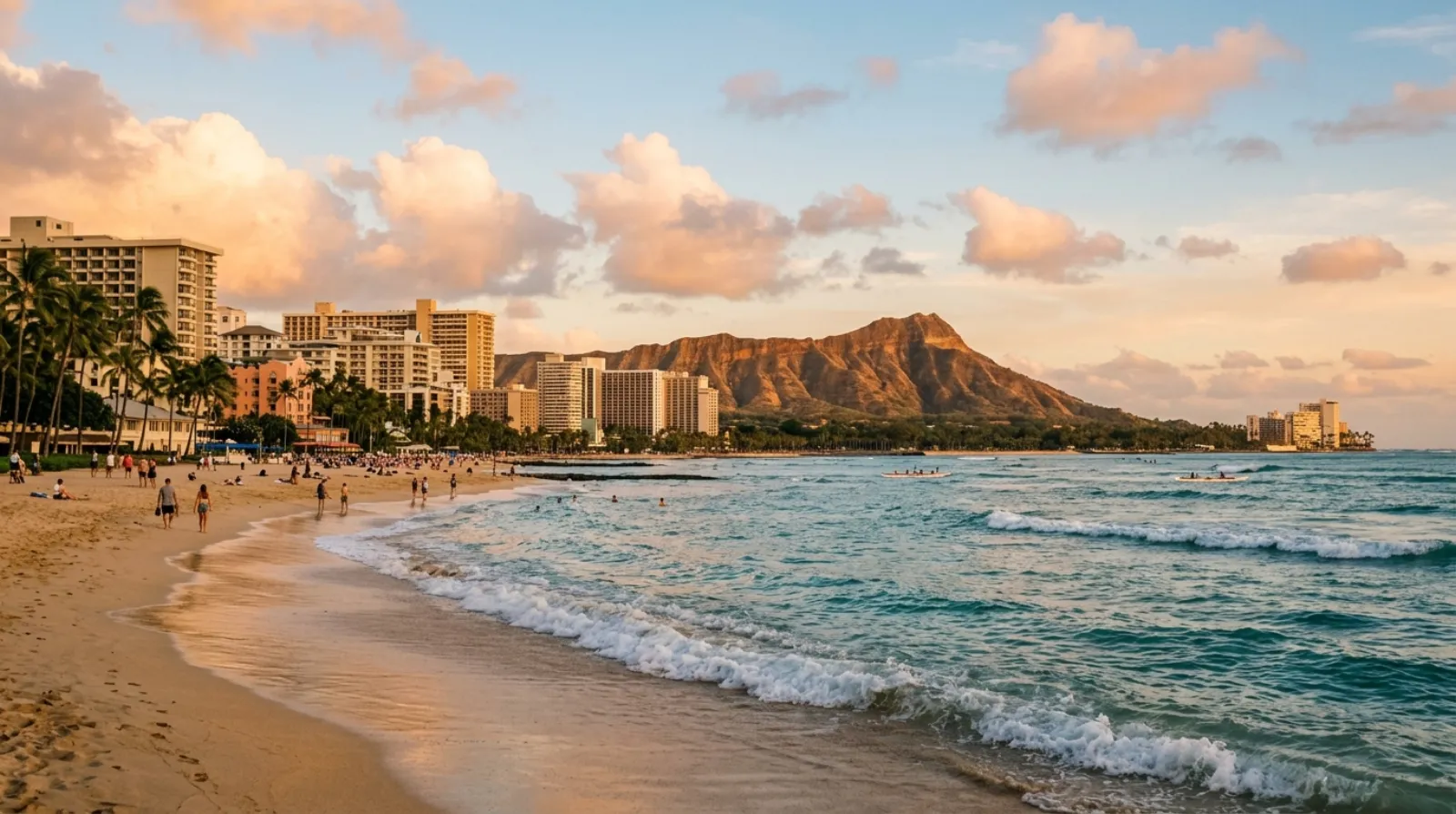 Waikiki Beach and Diamond Head on Oahu at golden hour