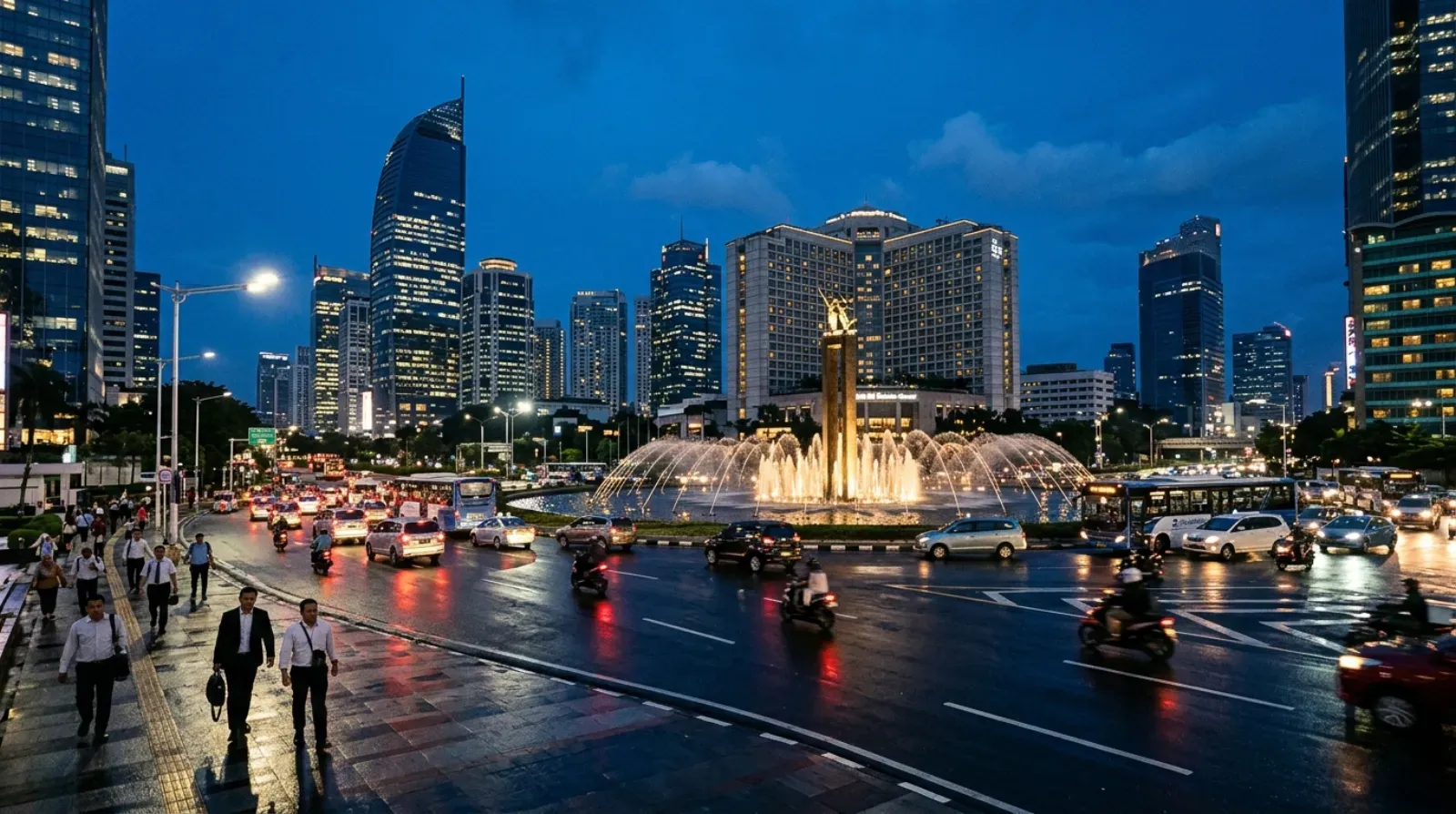 Hotel Indonesia roundabout monument and Jakarta’s Sudirman skyline at dusk