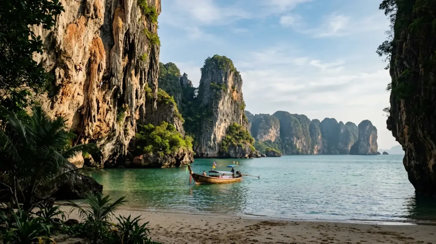 Krabi limestone karst cliffs and Andaman water at a Railay-style bay