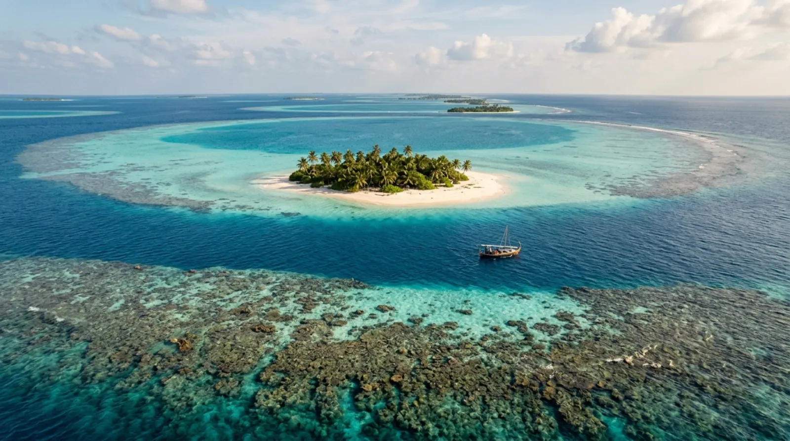 Maldivian atoll lagoon, coral reef and a small palm cay from above