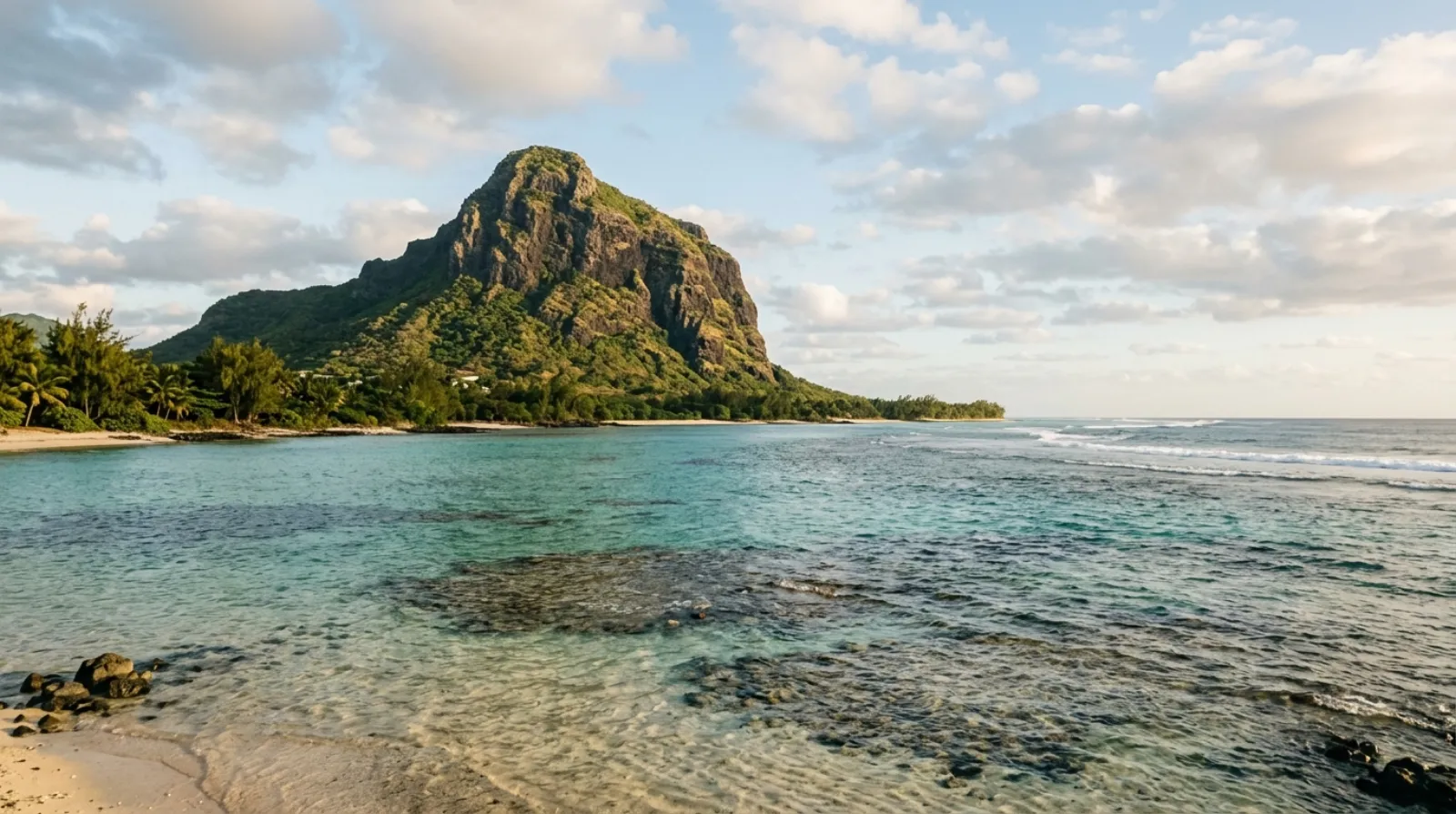 Le Morne Brabant rising above a Mauritius lagoon and reef