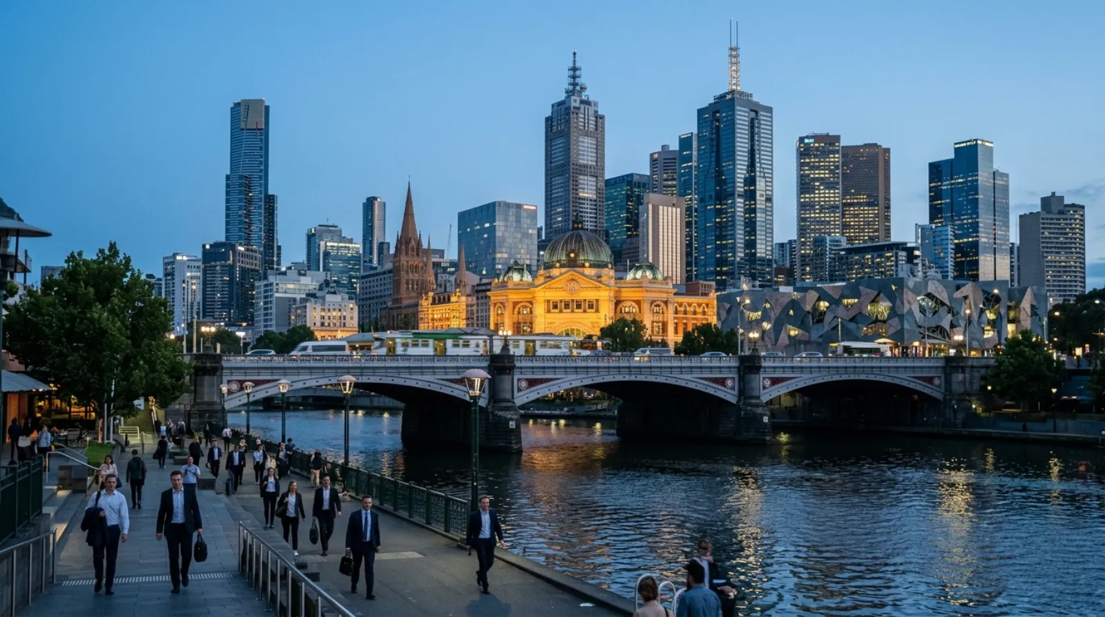 Yarra River at dusk with Flinders Street Station and Melbourne’s skyline