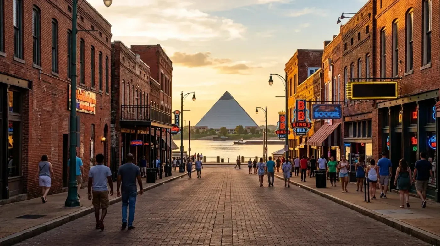 Beale Street brick corridor in Memphis toward the Mississippi