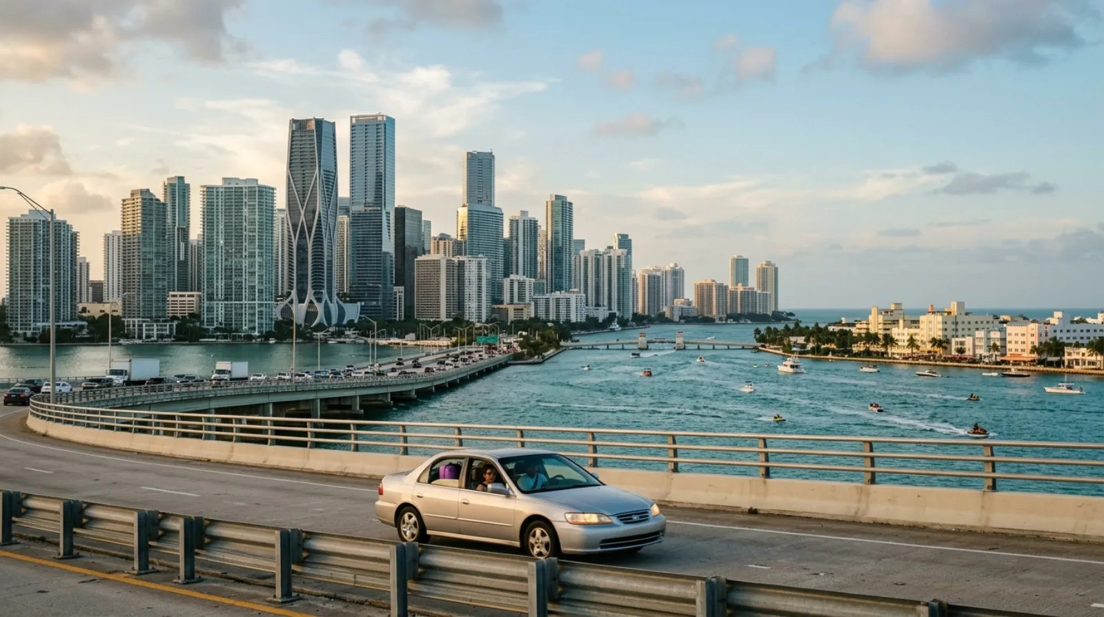 Downtown Miami and Brickell across Biscayne Bay in late light