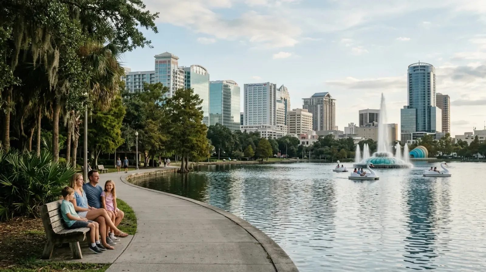 Lake Eola Park and downtown Orlando in late afternoon