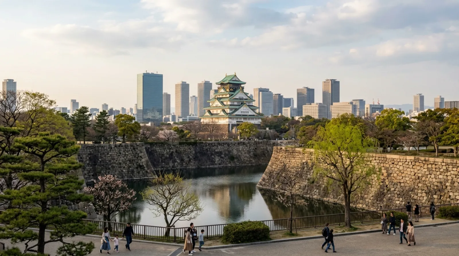 Osaka Castle keep above the moat with the city beyond