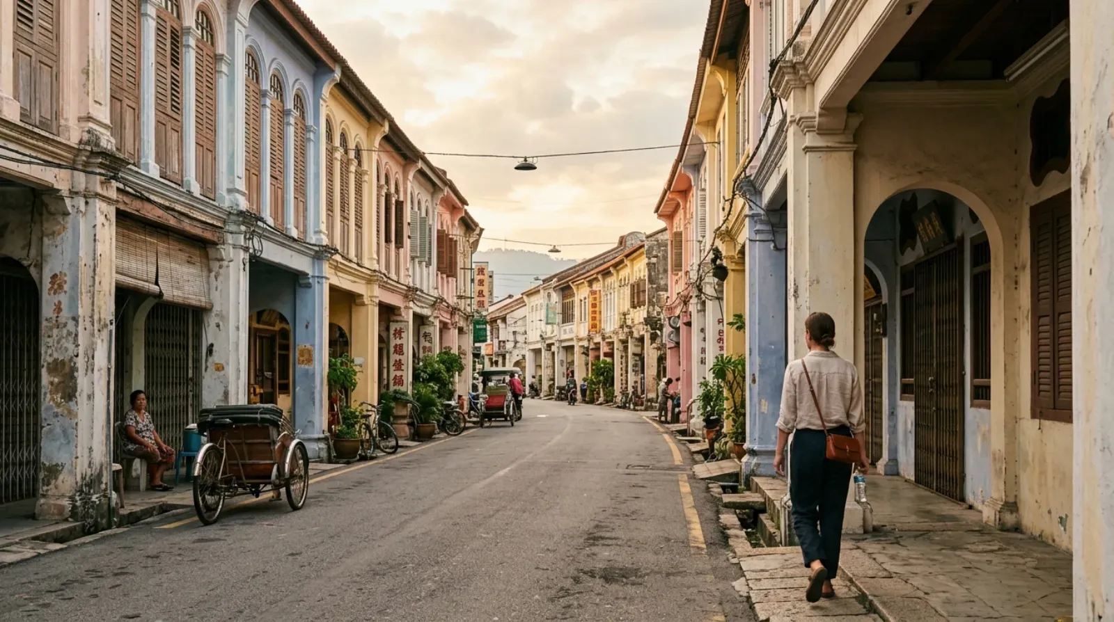 George Town shophouse street in Penang with tropical afternoon light