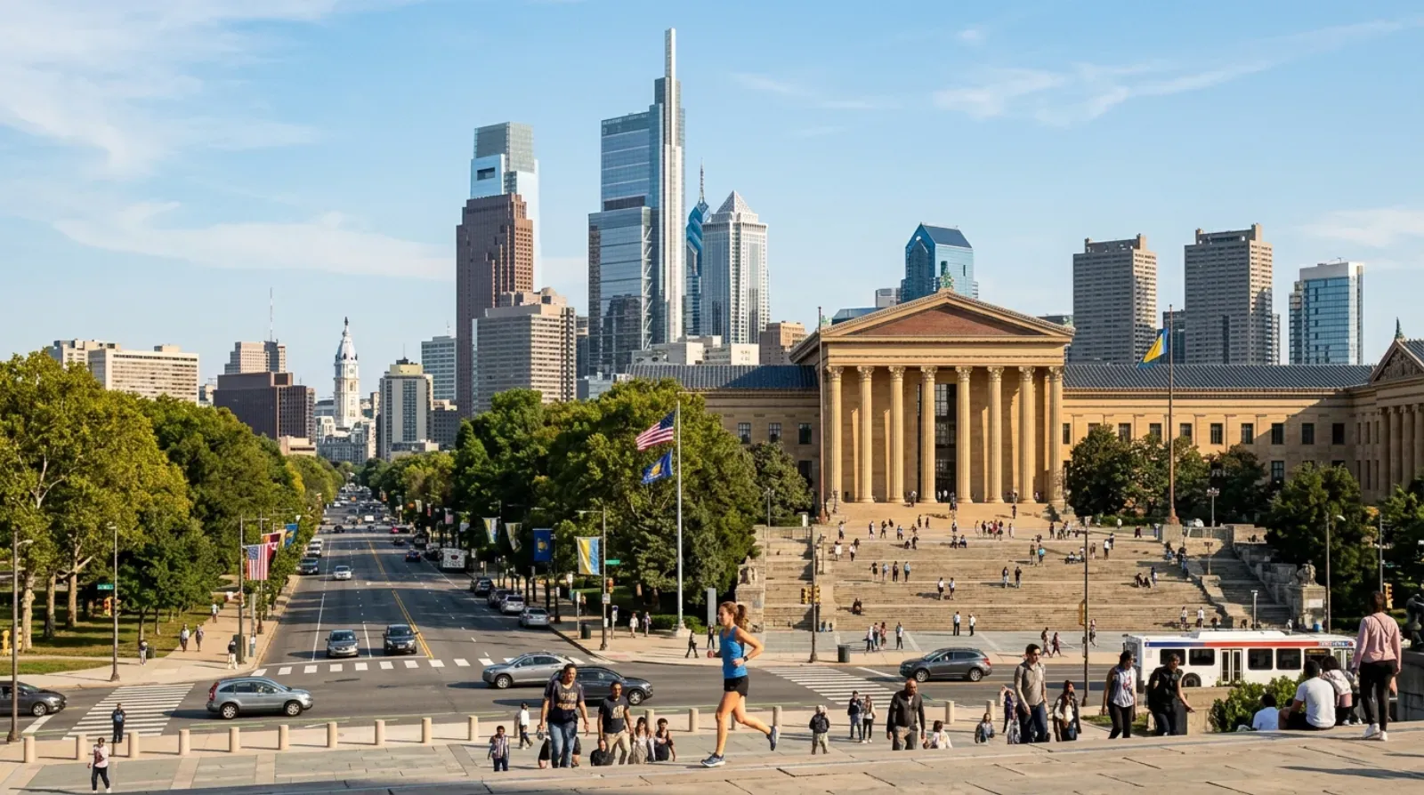 Philadelphia Museum of Art and the Benjamin Franklin Parkway toward Center City