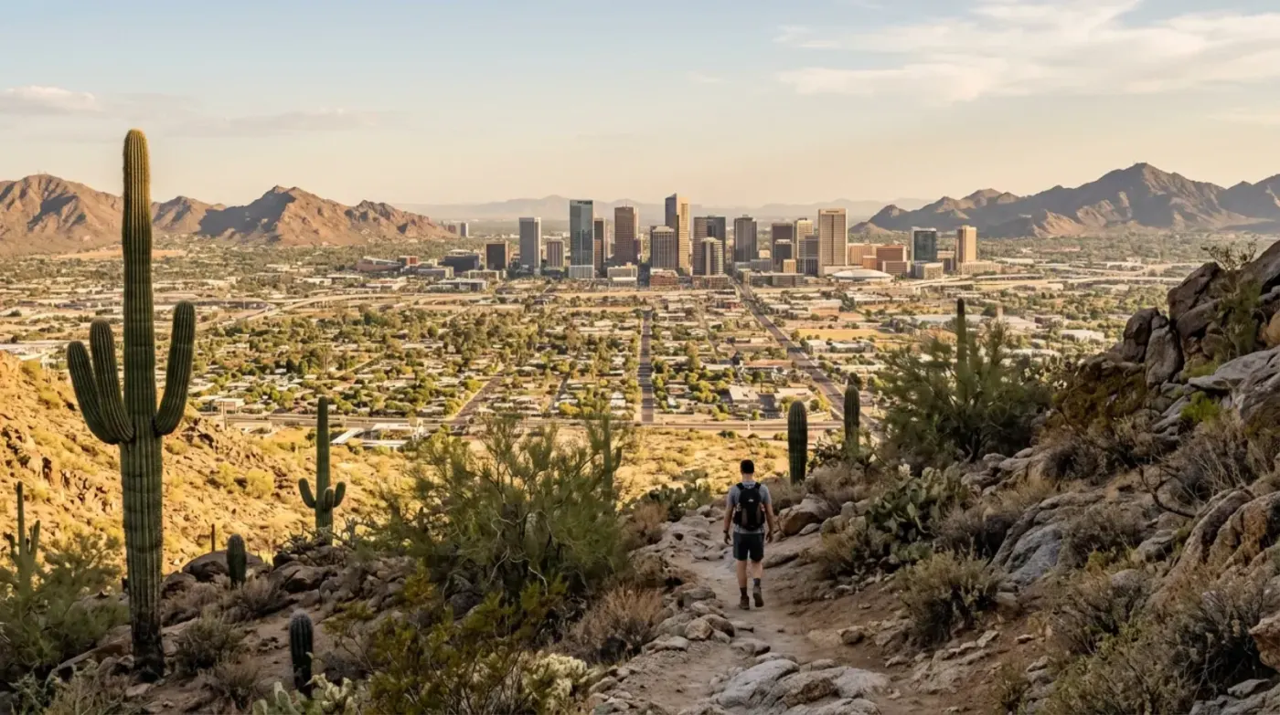 Phoenix downtown in the Valley of the Sun with desert mountains and saguaro