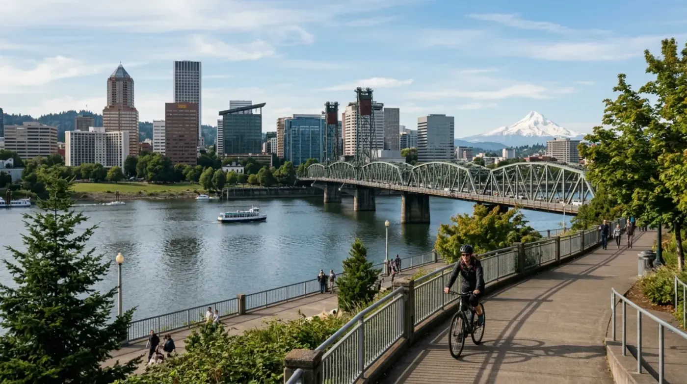 Portland downtown, Willamette River and Mount Hood on the horizon