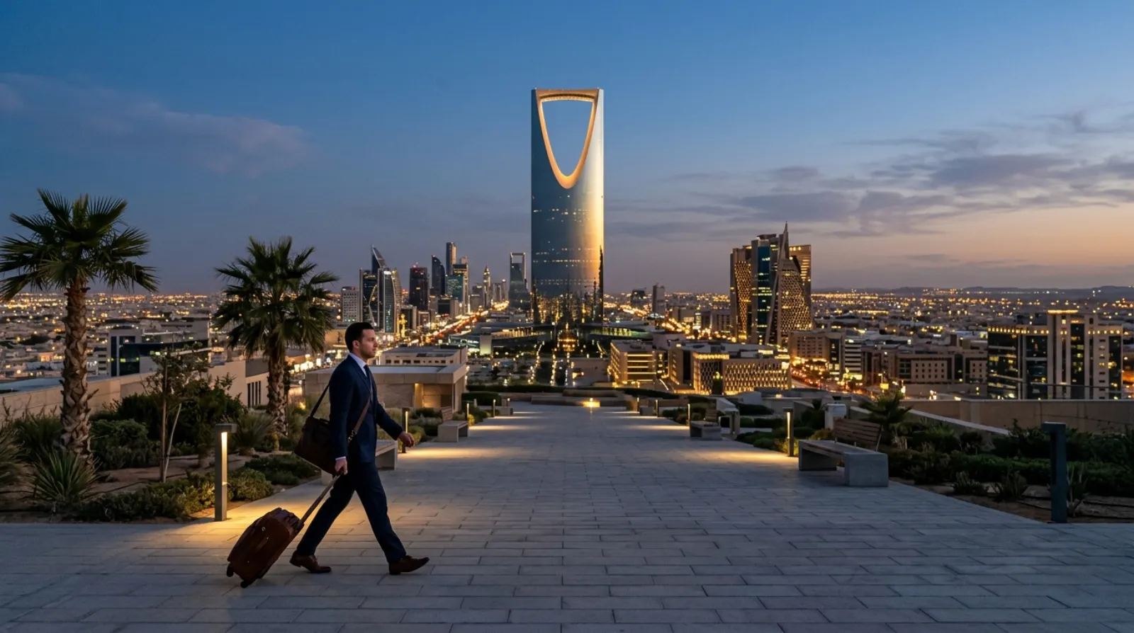 Riyadh skyline at dusk with the Kingdom Centre tower