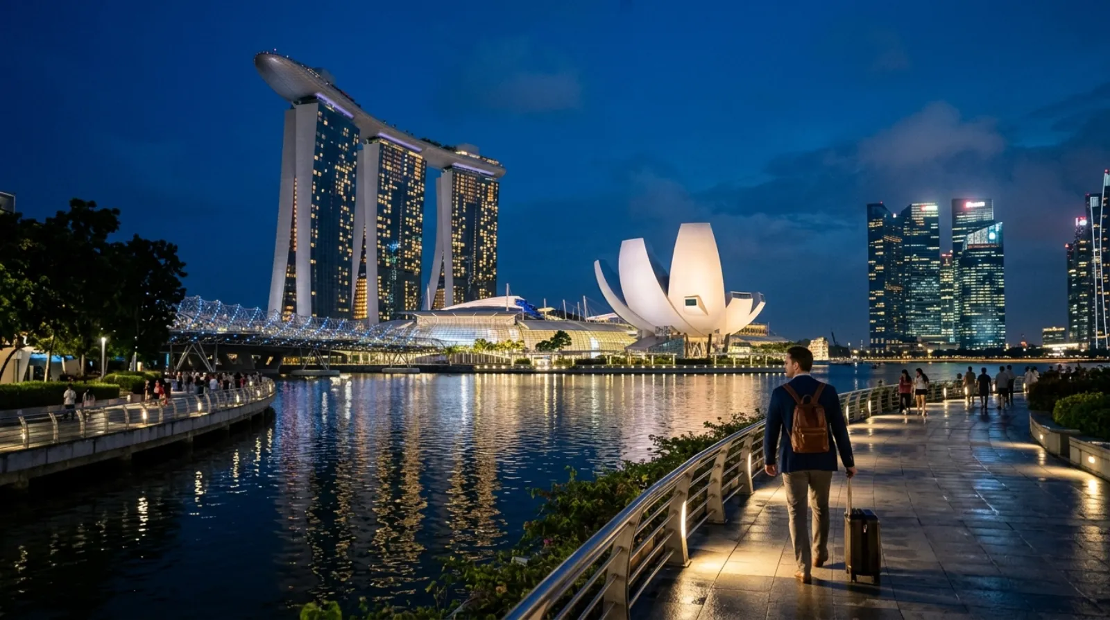 Marina Bay Sands and Singapore’s CBD across Marina Bay at dusk
