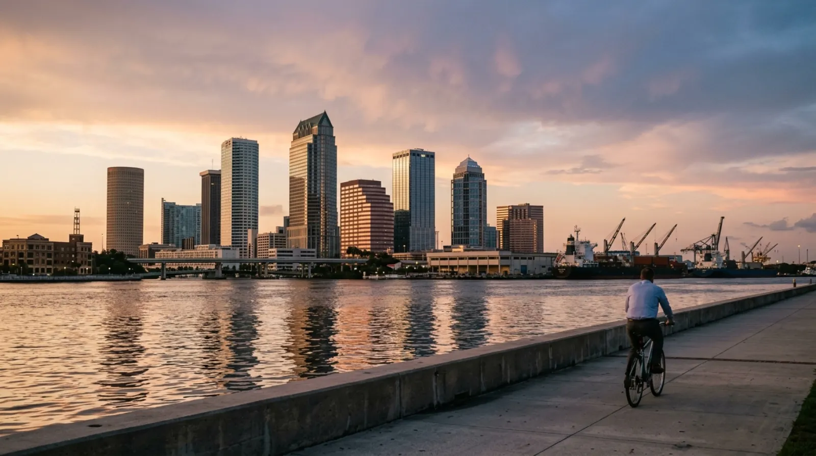 Downtown Tampa across Hillsborough Bay at golden hour