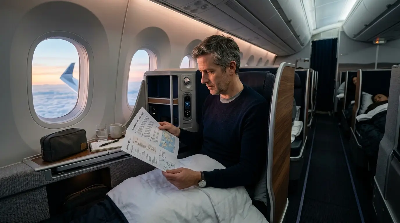 Luxury business class cabin with lie-flat seats on a long-haul flight from the UK