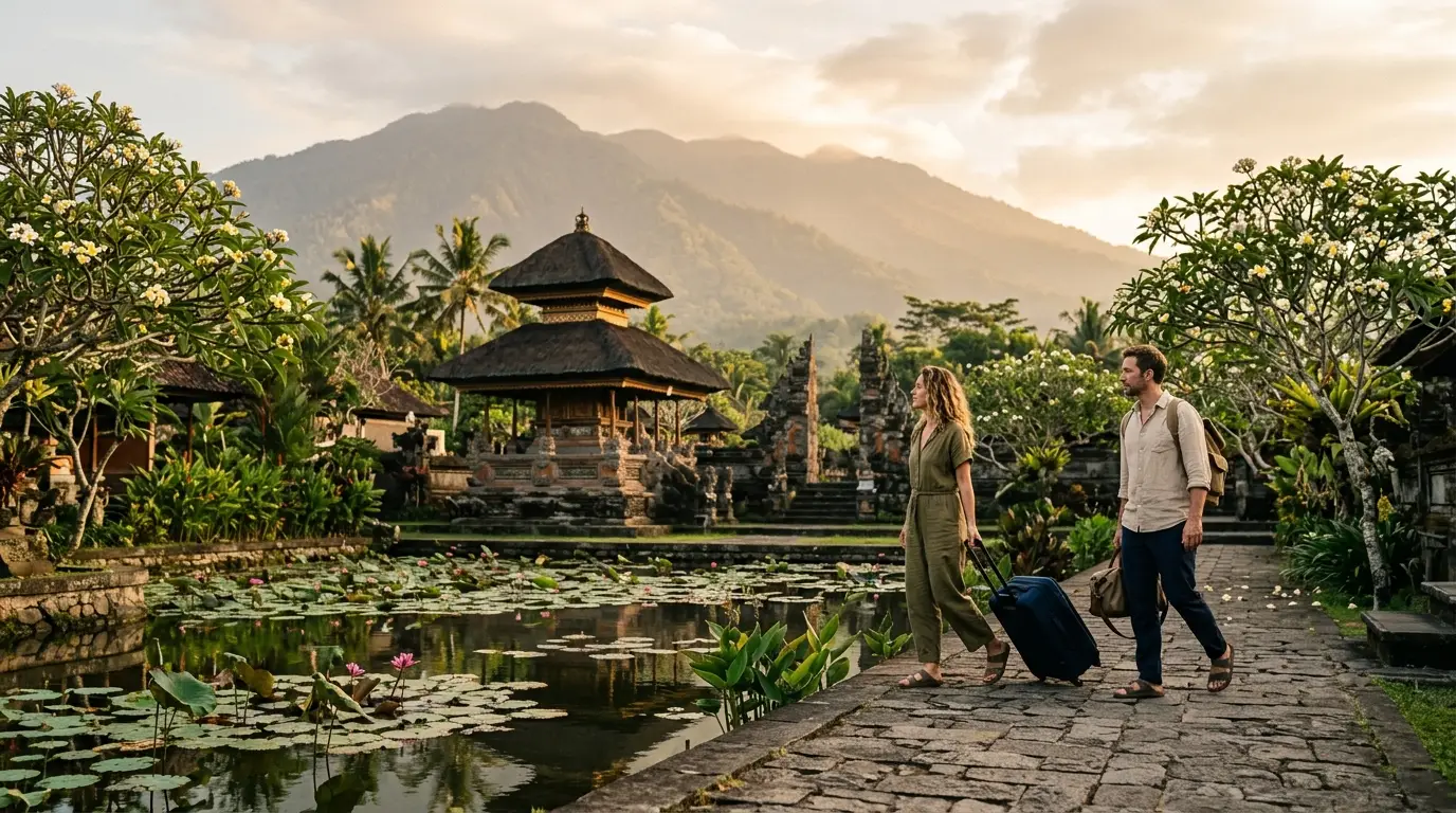 Lie-flat cabin bed with a glass of champagne looking out at terraced hills and a temple