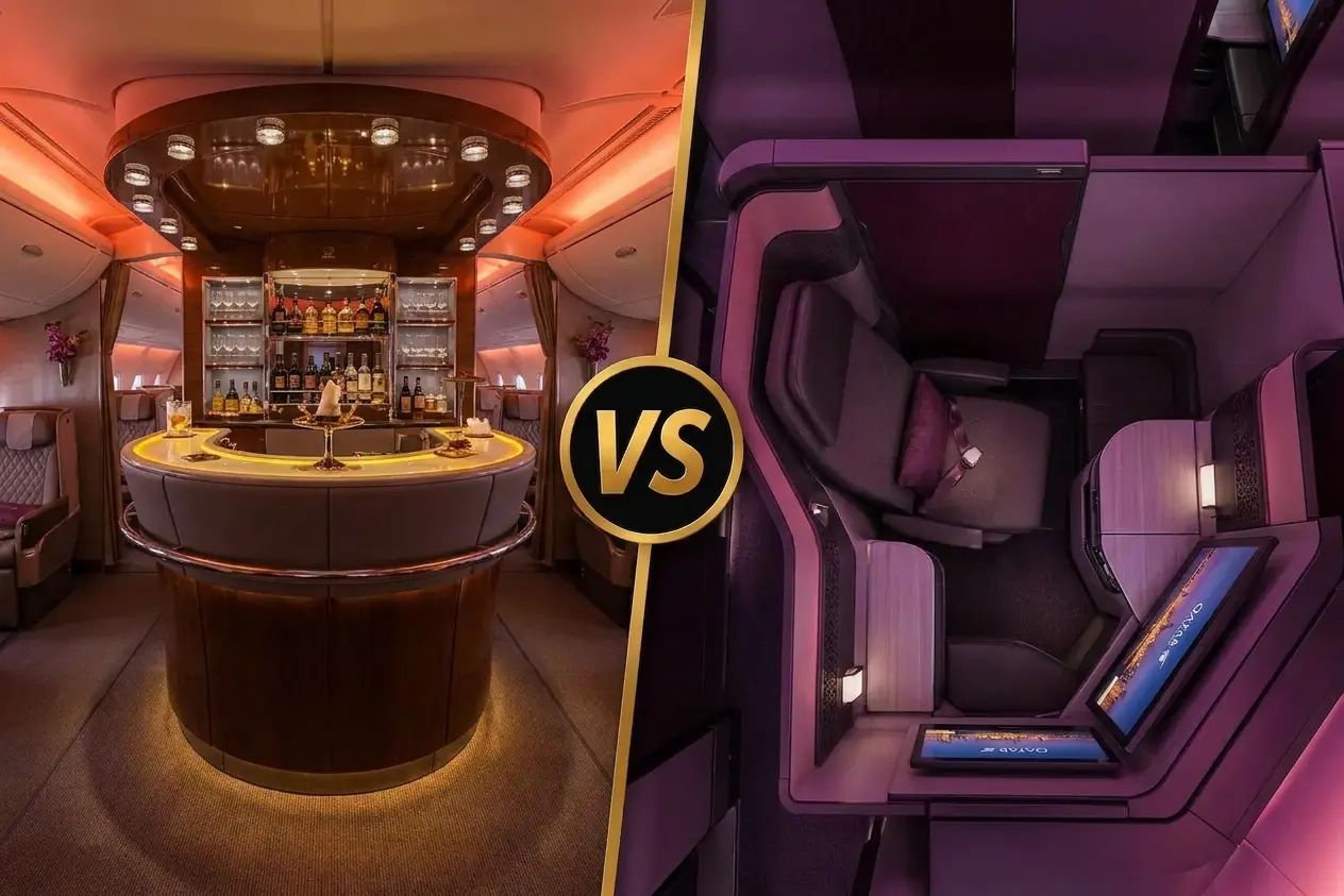 Emirates A380 lounge bar beside a Qatar Airways Qsuite with a closed door