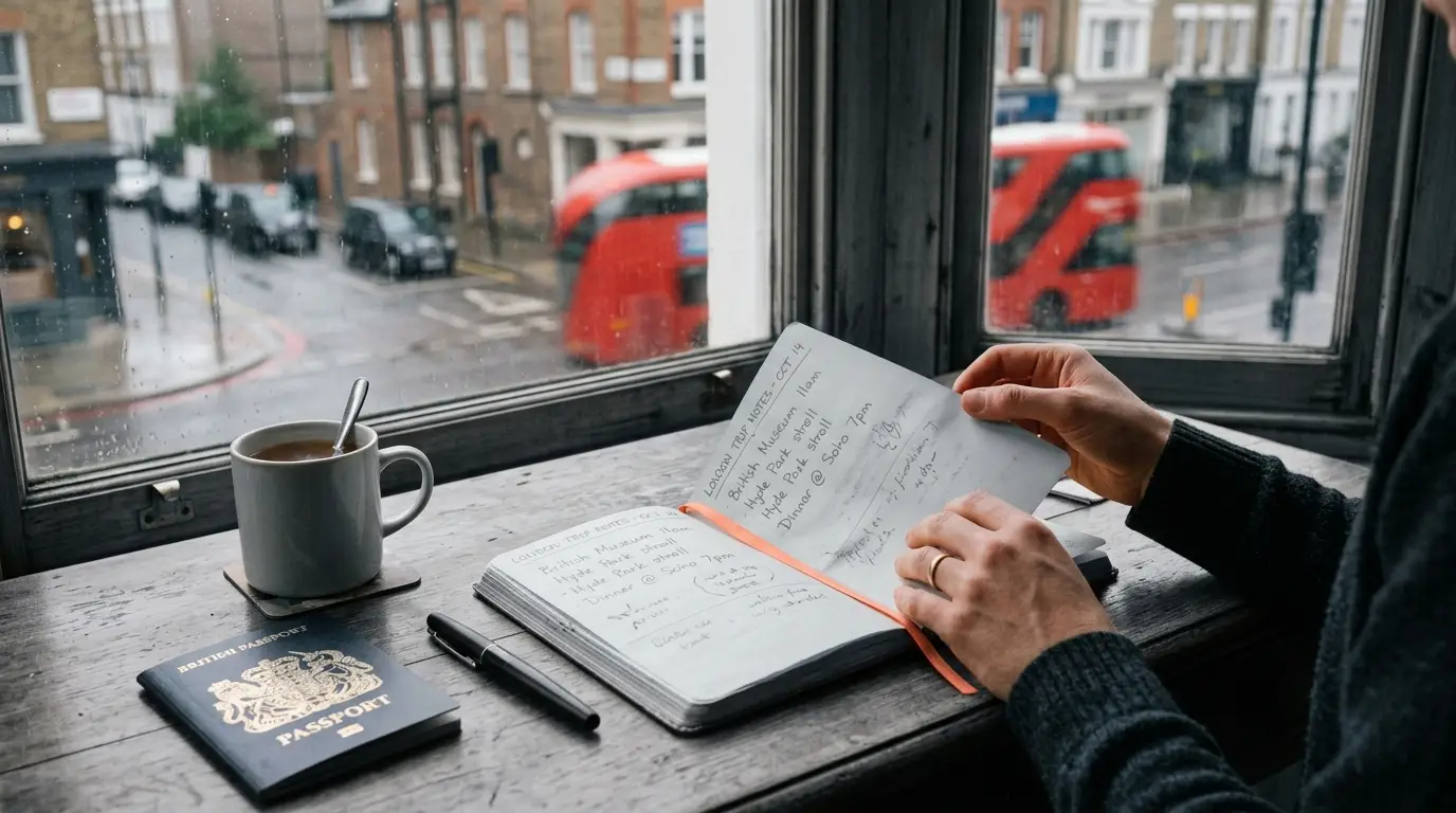 Open travel planner with a boarding pass, globe and watch on a dark desk