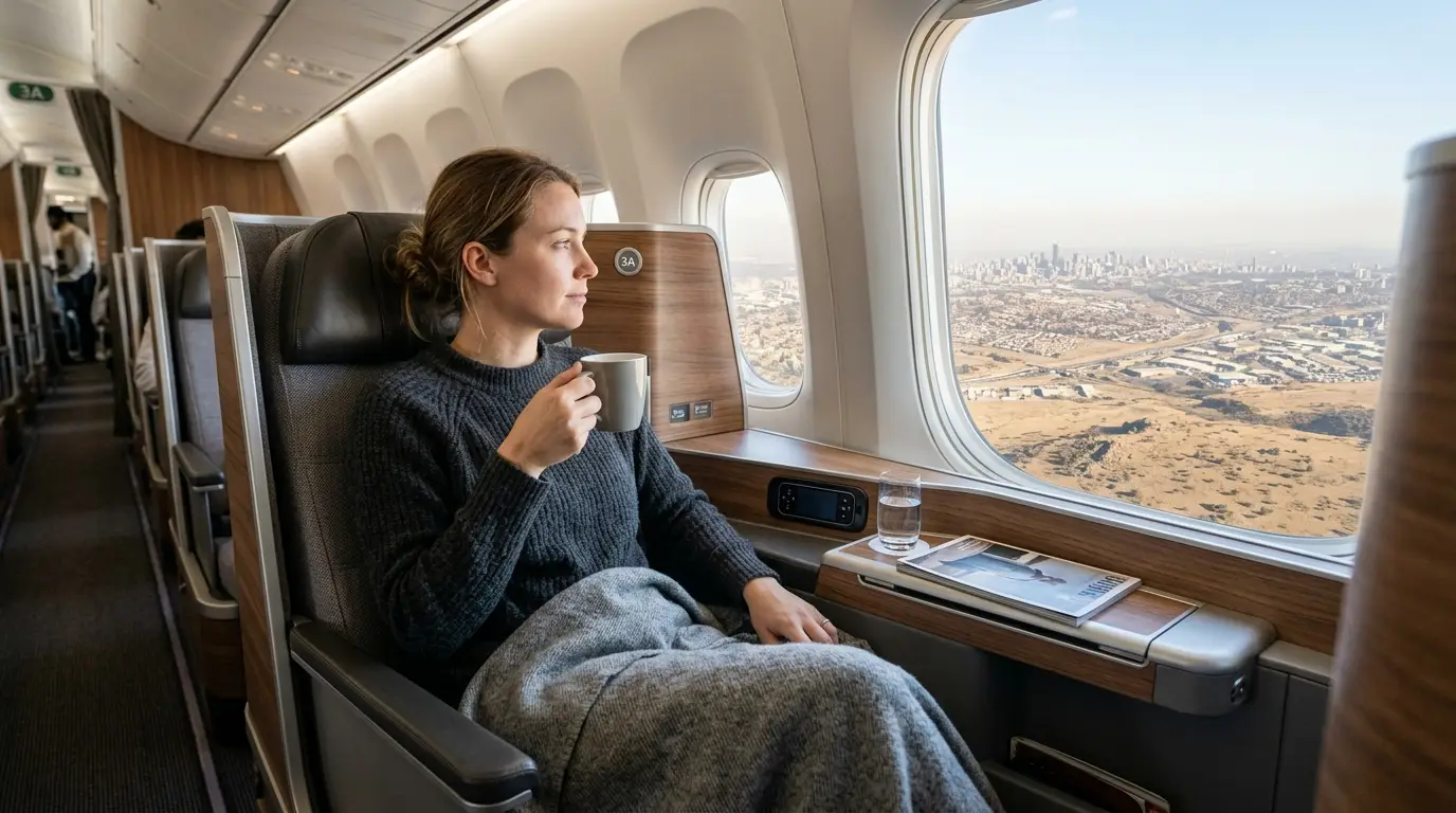 Two business class suites side by side, one upright and one made up as a bed