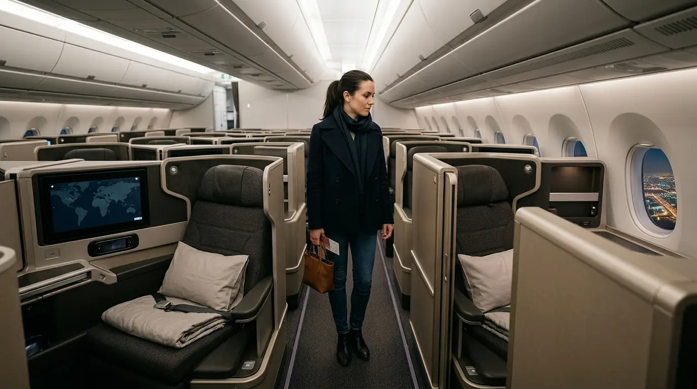 Three business class seats labelled Qatar, Emirates and Singapore