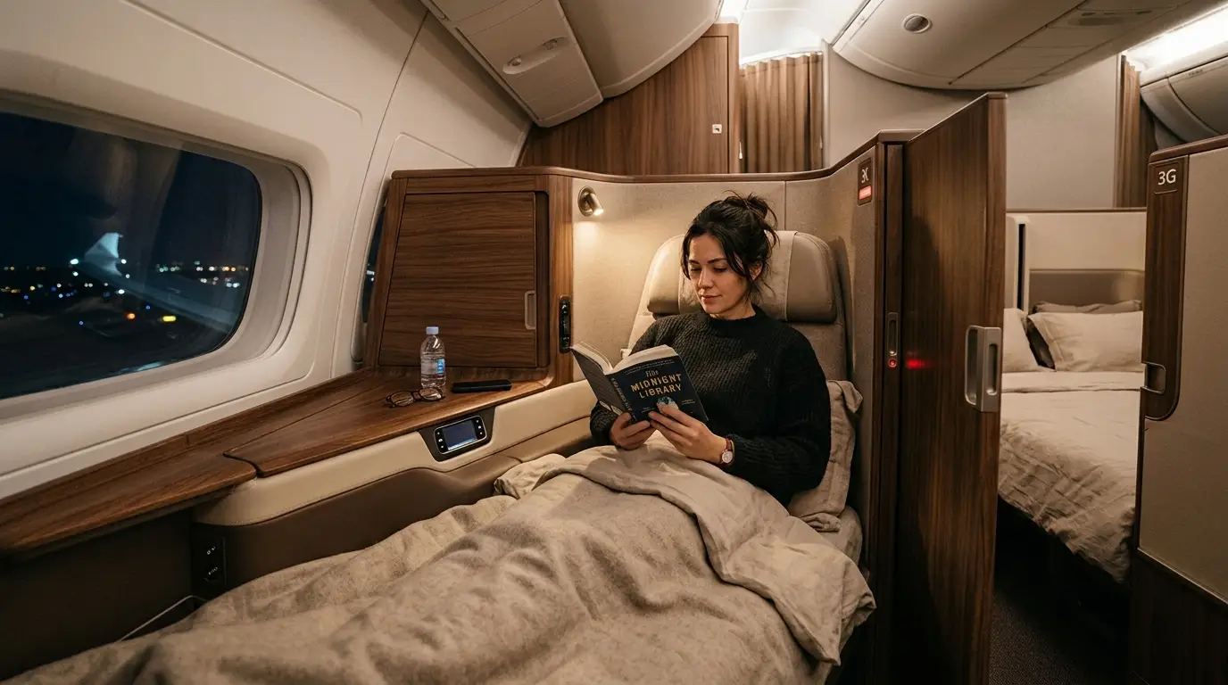 Private business class suite with a grey seat, purple cushion and large screen