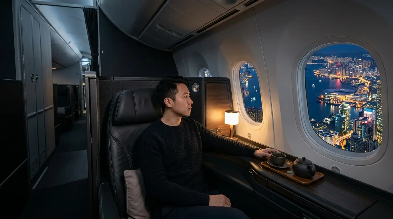 Aisle of private business class suites with screens, pillows and headphones