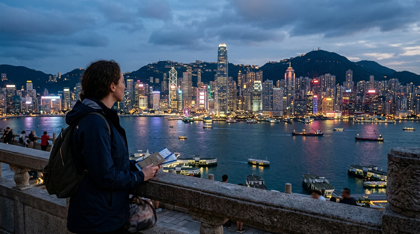 Hong Kong skyline at night across Victoria Harbour, with the Tsim Sha Tsui Clock Tower on the waterfront